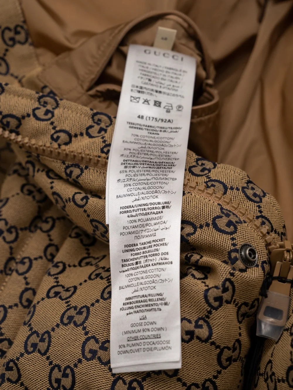 Gucci Men's GG Beige Black Puffer Jacket Canvas Goose Down Hooded  Size 48 M